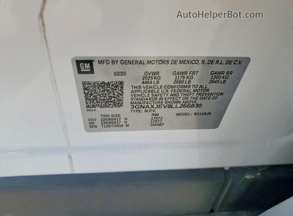 3GNAXJEV8LL266830 2020 CHEVROLET EQUINOX White ძრავის განყოფილების ხედი