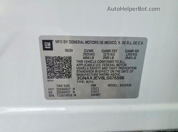 3GNAXJEV8LS676596 2020 CHEVROLET EQUINOX White Vista de la etiqueta del VIN