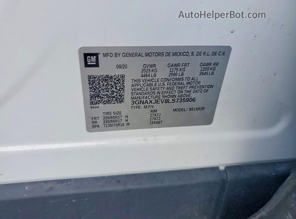 3GNAXJEV8LS735906 2020 CHEVROLET EQUINOX White VIN კოდის სტიკერის ხედი
