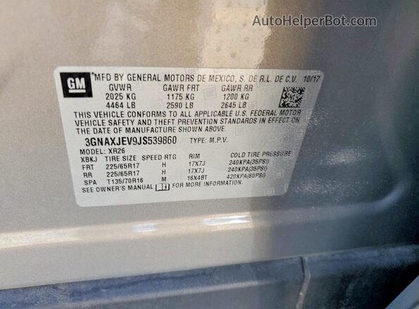 3GNAXJEV9JS539860 2018 CHEVROLET EQUINOX Gray Вид наклейки з VIN-кодом