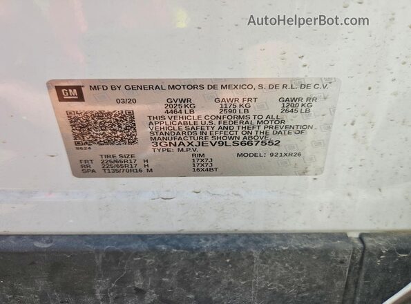 3GNAXJEV9LS667552 2020 CHEVROLET EQUINOX White Вид підкапотного простору