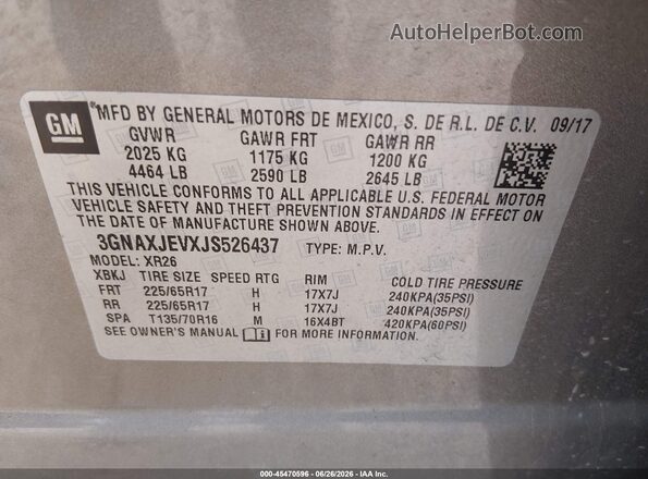 3GNAXJEVXJS526437 2018 CHEVROLET EQUINOX Beige Շարժիչի բաժամունքի տեսք