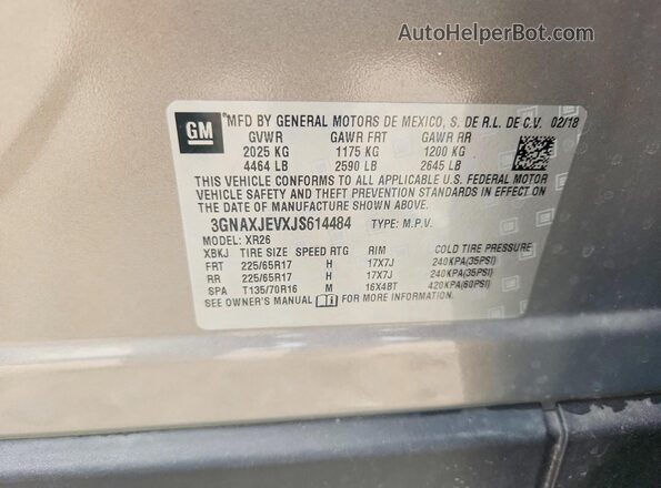 3GNAXJEVXJS614484 2018 CHEVROLET EQUINOX Silver VIN sticker view