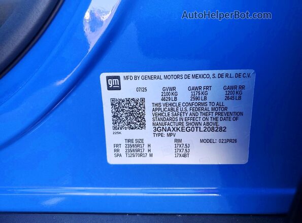 3GNAXKEG0TL208282 2026 CHEVROLET EQUINOX Blue VIN კოდის სტიკერის ხედი