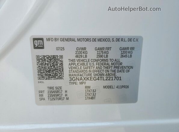 3GNAXKEG4TL221701 2026 CHEVROLET EQUINOX White VIN կոդի պիտակի տեսք
