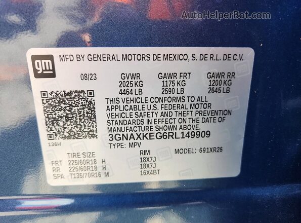 3GNAXKEG6RL149909 2024 CHEVROLET EQUINOX Blue Vista interior de 360 grados