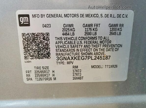 3GNAXKEG7PL245187 2023 CHEVROLET EQUINOX Серый Вид наклейки с VIN-кодом
