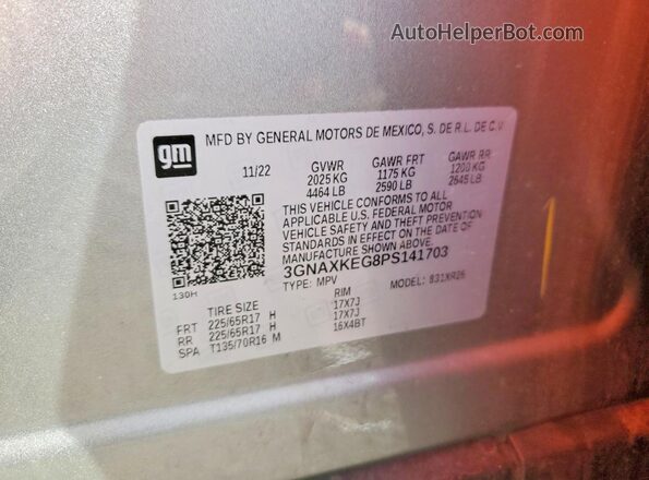 3GNAXKEG8PS141703 2023 CHEVROLET EQUINOX Silver Вид наклейки з VIN-кодом