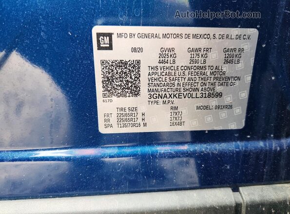 3GNAXKEV0LL318599 2020 CHEVROLET EQUINOX Blue Engine compartment view