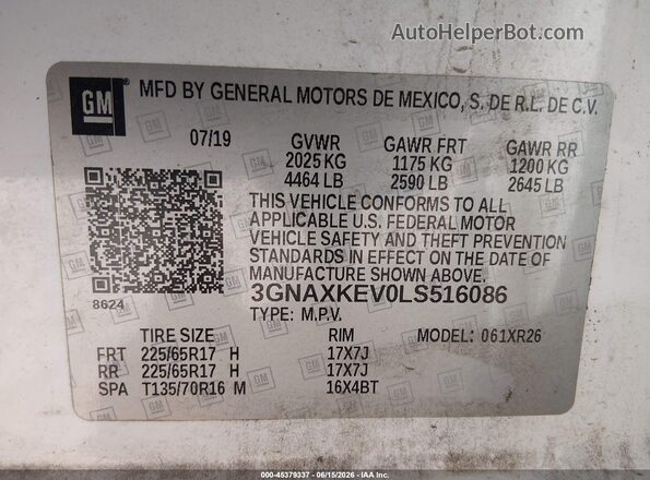 3GNAXKEV0LS516086 2020 CHEVROLET EQUINOX Белый Вид подкапотного пространства