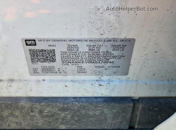 3GNAXKEV0MS170042 2021 CHEVROLET EQUINOX White Widok naklejki z numerem VIN