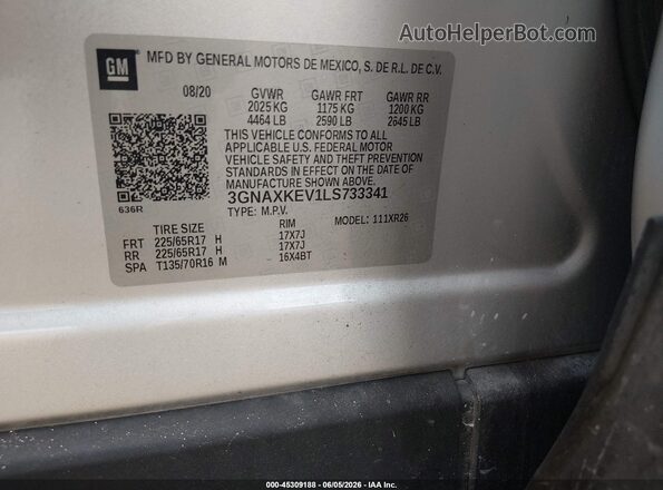 3GNAXKEV1LS733341 2020 CHEVROLET EQUINOX Gray Engine compartment view