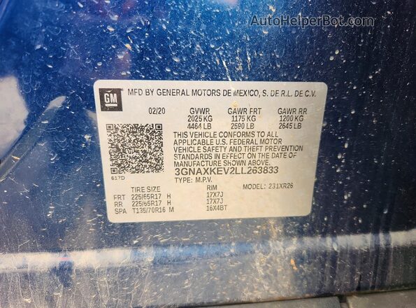 3GNAXKEV2LL263833 2020 CHEVROLET EQUINOX Blue Widok naklejki z numerem VIN
