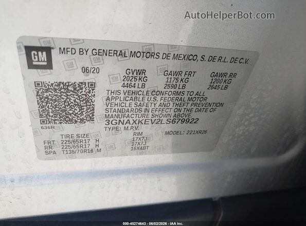 3GNAXKEV2LS679922 2020 CHEVROLET EQUINOX Silver Widok komory silnika