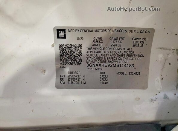3GNAXKEV2MS114183 2021 CHEVROLET EQUINOX White VIN կոդի պիտակի տեսք