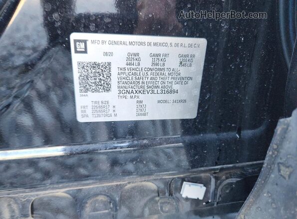 3GNAXKEV3LL316894 2020 CHEVROLET EQUINOX Black Widok naklejki z numerem VIN