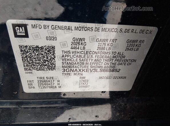 3GNAXKEV3LS665852 2020 CHEVROLET EQUINOX Navy Vista del compartimento del motor