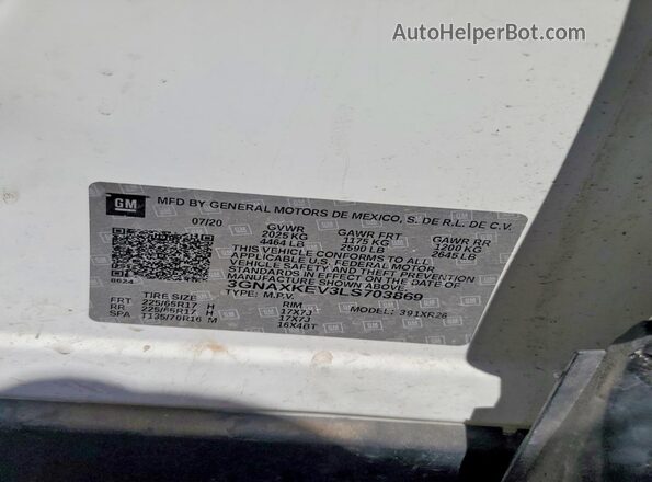3GNAXKEV3LS703869 2020 CHEVROLET EQUINOX White VIN կոդի պիտակի տեսք