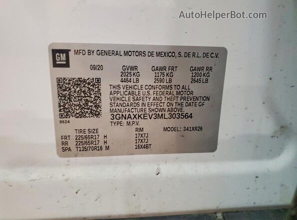 3GNAXKEV3ML303564 2021 CHEVROLET EQUINOX White VIN კოდის სტიკერის ხედი