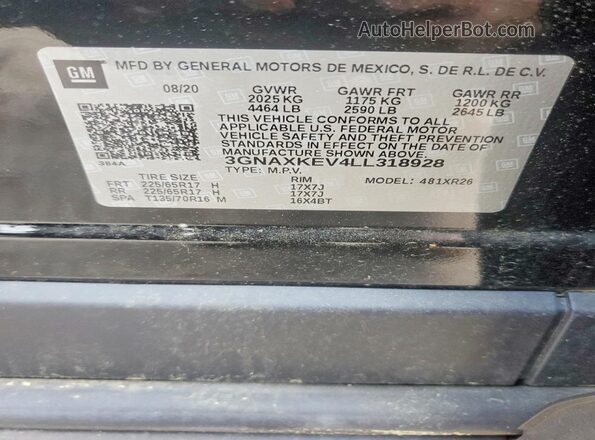 3GNAXKEV4LL318928 2020 CHEVROLET EQUINOX Black Vista de la etiqueta del VIN