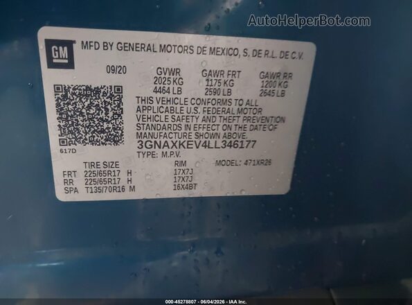 3GNAXKEV4LL346177 2020 CHEVROLET EQUINOX Blue Vista del compartimento del motor