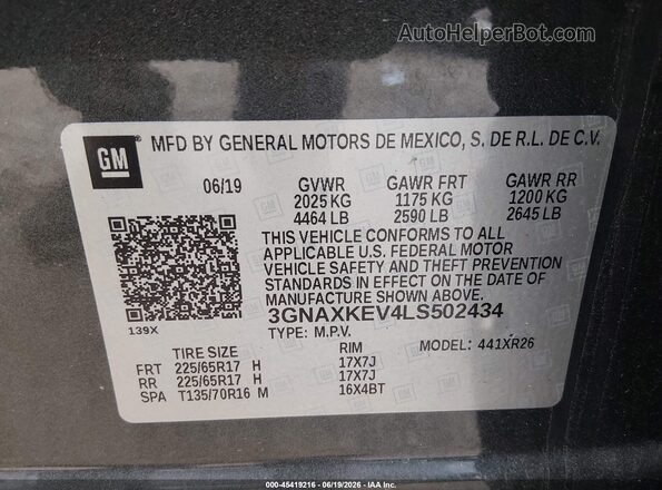 3GNAXKEV4LS502434 2020 CHEVROLET EQUINOX Gray Vista del compartimento del motor