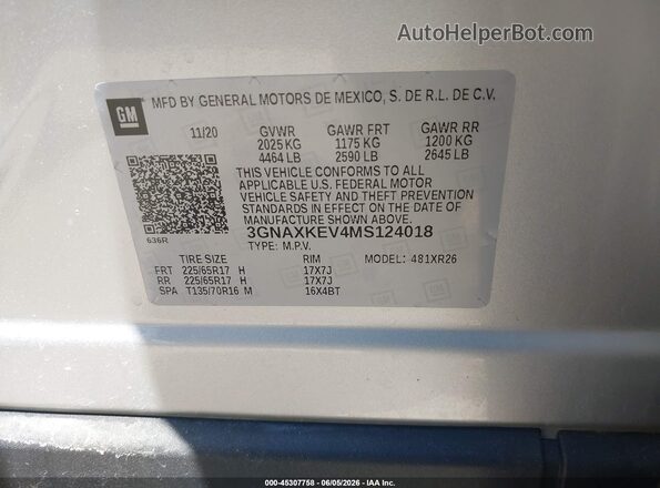 3GNAXKEV4MS124018 2021 CHEVROLET EQUINOX Silver Engine compartment view