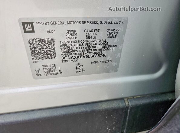 3GNAXKEV5LS685746 2020 CHEVROLET EQUINOX Silver VIN sticker view