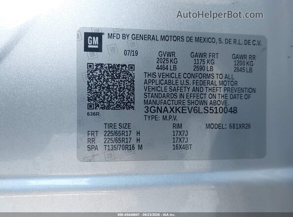 3GNAXKEV6LS510048 2020 CHEVROLET EQUINOX Серебряный Вид подкапотного пространства