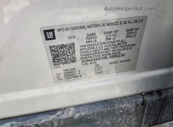 3GNAXKEV6LS606150 2020 CHEVROLET EQUINOX Серебряный Панорамный вид салона 360°
