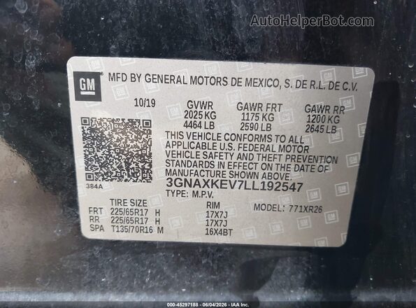 3GNAXKEV7LL192547 2020 CHEVROLET EQUINOX Black ძრავის განყოფილების ხედი