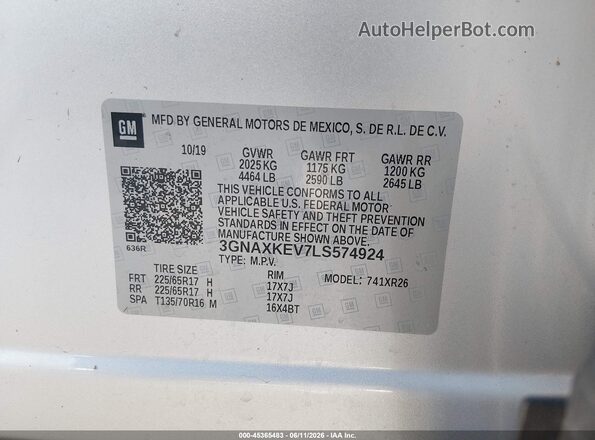 3GNAXKEV7LS574924 2020 CHEVROLET EQUINOX Серый Вид подкапотного пространства