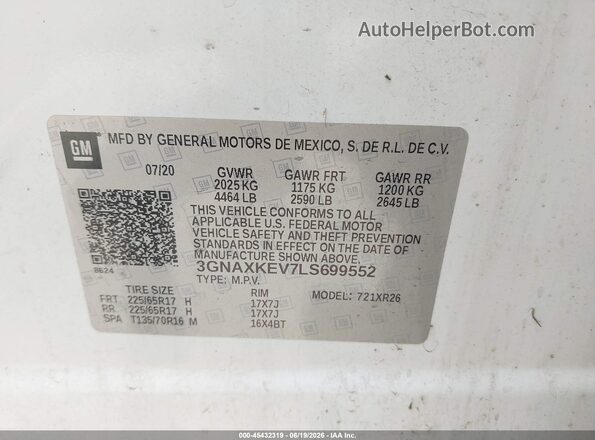 3GNAXKEV7LS699552 2020 CHEVROLET EQUINOX White Vista del compartimento del motor