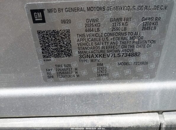 3GNAXKEV7LS734882 2020 CHEVROLET EQUINOX Silver Engine compartment view