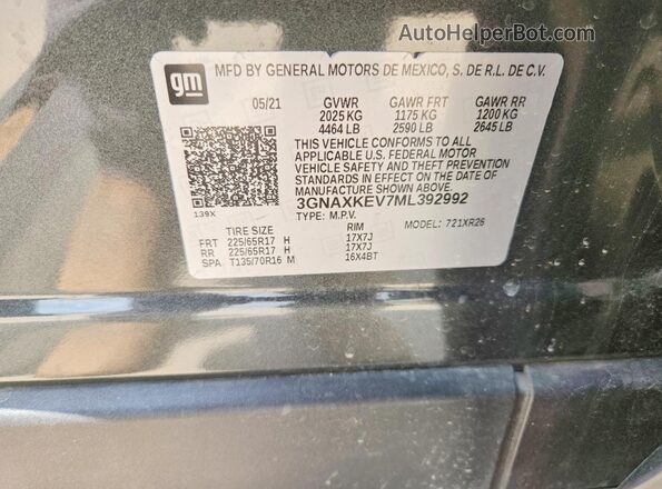 3GNAXKEV7ML392992 2021 CHEVROLET EQUINOX Black Widok naklejki z numerem VIN