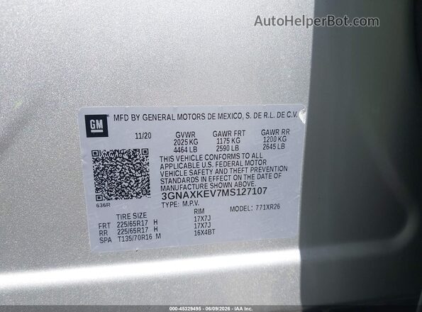 3GNAXKEV7MS127107 2021 CHEVROLET EQUINOX Silver Vista del compartimento del motor