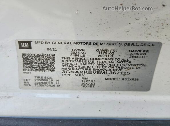 3GNAXKEV8ML367115 2021 CHEVROLET EQUINOX White Vista de la etiqueta del VIN