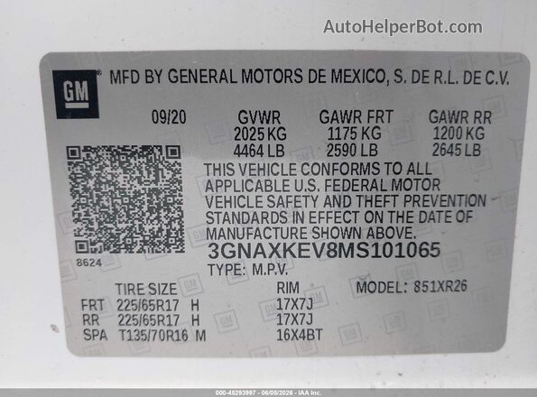 3GNAXKEV8MS101065 2021 CHEVROLET EQUINOX Белый Вид подкапотного пространства
