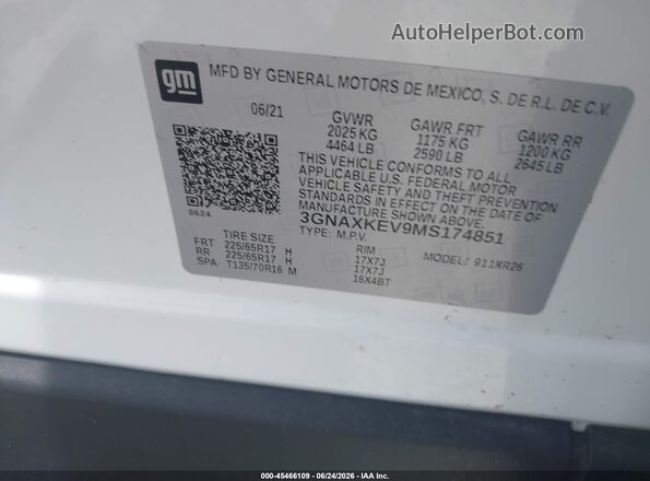 3GNAXKEV9MS174851 2021 CHEVROLET EQUINOX Белый Вид подкапотного пространства