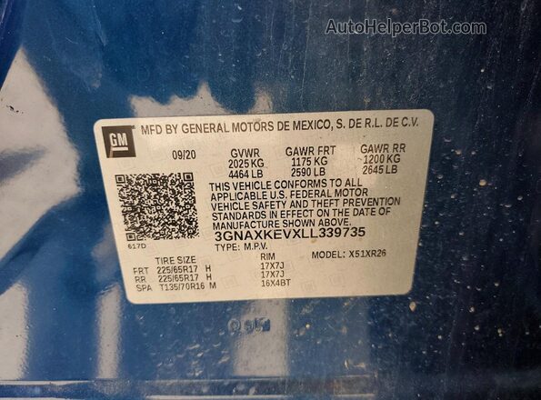 3GNAXKEVXLL339735 2020 CHEVROLET EQUINOX Blue Vista de la etiqueta del VIN