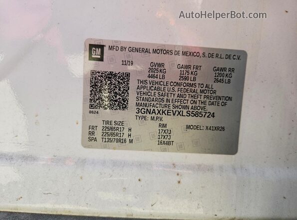 3GNAXKEVXLS585724 2020 CHEVROLET EQUINOX Белый Вид наклейки с VIN-кодом
