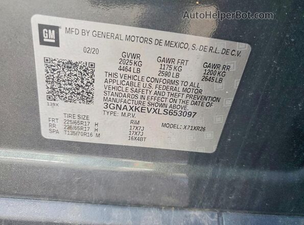 3GNAXKEVXLS653097 2020 CHEVROLET EQUINOX Серый Вид подкапотного пространства