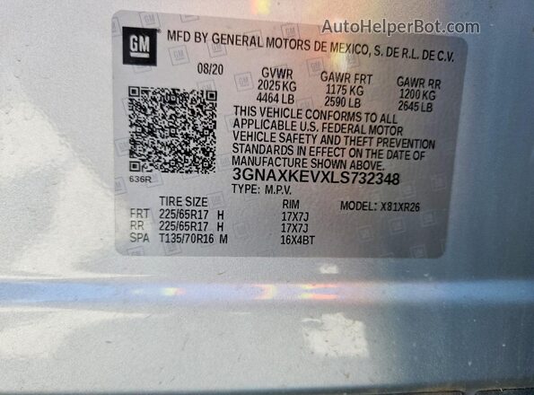3GNAXKEVXLS732348 2020 CHEVROLET EQUINOX Серебряный Панорамный вид салона 360°