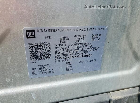 3GNAXKEVXMS169965 2021 CHEVROLET EQUINOX Silver Vista de la etiqueta del VIN
