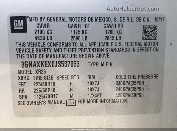3GNAXKEX0JS537065 2018 CHEVROLET EQUINOX Silver Շարժիչի բաժամունքի տեսք