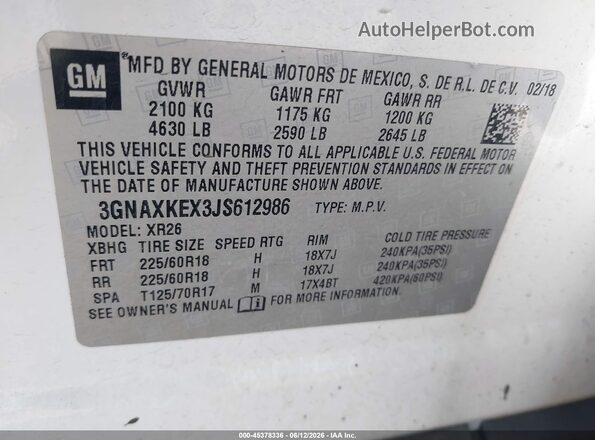 3GNAXKEX3JS612986 2018 CHEVROLET EQUINOX White 