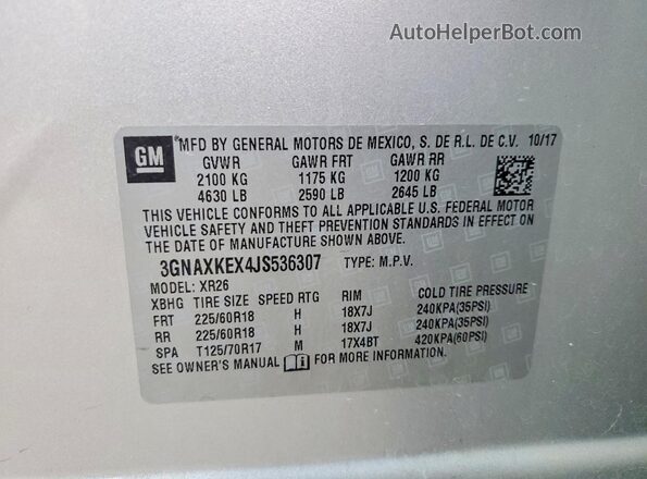 3GNAXKEX4JS536307 2018 CHEVROLET EQUINOX Silver 