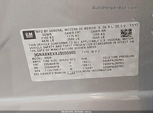 3GNAXKEXXJS555900 2018 CHEVROLET EQUINOX Pewter Вид подкапотного пространства