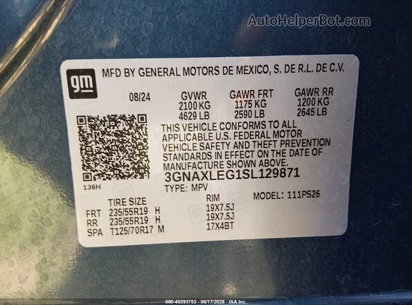 3GNAXLEG1SL129871 2025 CHEVROLET EQUINOX Blue Շարժիչի բաժամունքի տեսք