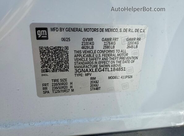 3GNAXLEG4TL184851 2026 CHEVROLET EQUINOX White Widok naklejki z numerem VIN